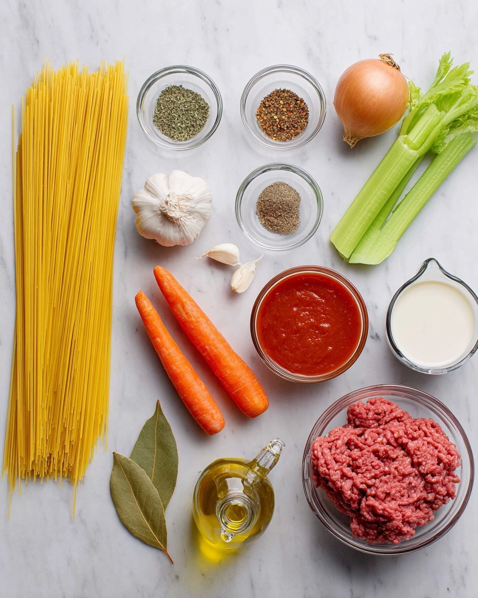 The image shows raw ingredients for a pasta dish laid out on a white marbled surface. There is a bundle of uncooked yellow spaghetti on the left. Next to it are two orange carrots and two green celery stalks placed parallel. Above the carrots and celery are two small glass bowls, one with mixed dried herbs and the other with a spice mix of black pepper, chili powder, and salt. To the right, a whole yellow onion sits beside a small glass bowl of red tomato paste. In the bottom right corner are a clear glass bowl of raw pink ground meat, a small glass jug of white cream, and a bottle of golden olive oil with a glass stopper. A dried bay leaf lies near the olive oil. Two cloves of garlic rest near the carrots. photo taken with an iphone --ar 4:5 --v 7