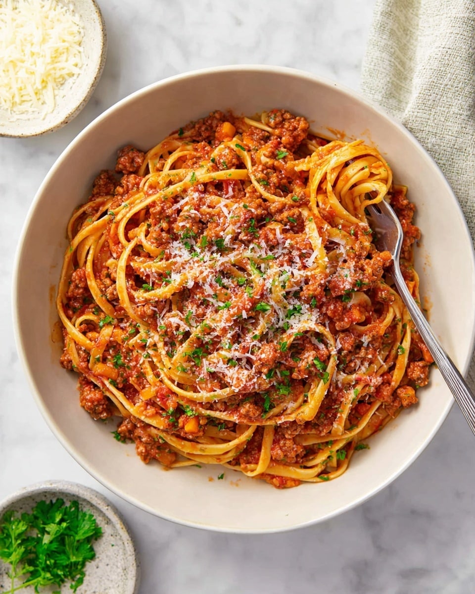 A white bowl filled with three layers of pasta topped with red tomato sauce mixed with ground meat and small orange vegetable pieces. The pasta noodles are long, flat, and slightly twisted, covered evenly with the sauce. The top layer is sprinkled with light-colored grated cheese and finely chopped green herbs. A silver fork is partially inside the bowl, resting on the pasta. The bowl is placed on a white marbled surface next to a small white bowl filled with more grated cheese and a piece of green herb. Photo taken with an iphone --ar 4:5 --v 7
