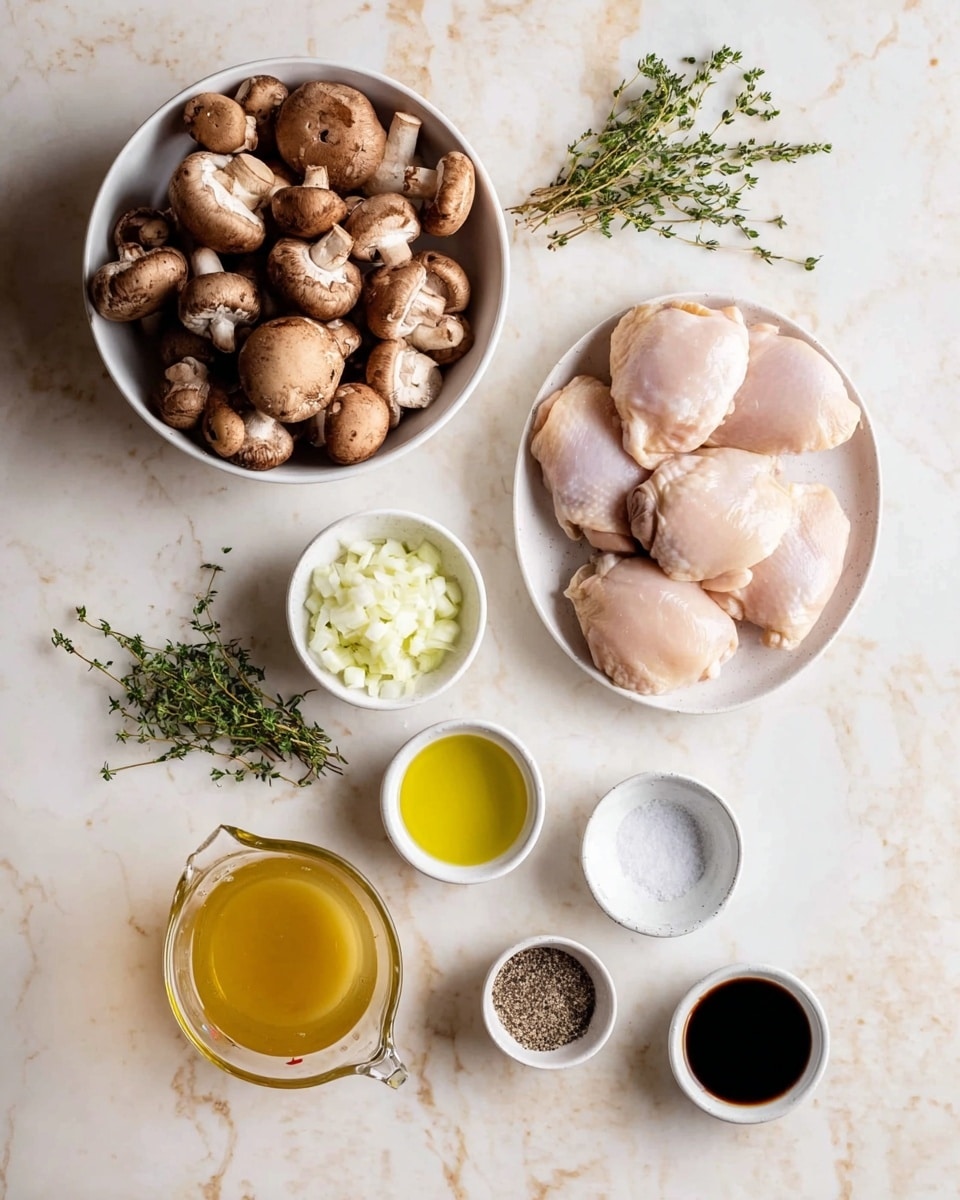 A white bowl filled with many brown mushrooms sits at the top left, with a few loose mushrooms nearby. To the right, there are small white bowls holding chopped garlic and fresh green thyme, and fresh thyme sprigs resting on the white marbled surface. Below, a round white bowl contains four raw, pale pink chicken thighs. Near the center, a clear measuring cup is filled with golden broth, surrounded by small white bowls of chopped white onions, olive oil with a green tint, dark soy sauce, salt, and black pepper. The whole setup is arranged neatly on a white marbled surface for a clean and fresh look photo taken with an iphone --ar 4:5 --v 7