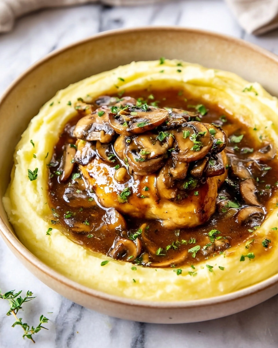 A beige bowl filled with one layer of smooth, creamy mashed potatoes in pale yellow, arranged in a ring shape. In the center sits a single golden brown cooked piece of chicken topped with a thick dark brown mushroom gravy. The gravy has sliced light and dark brown mushrooms and is sprinkled with small green herbs throughout. The bowl is on a white marbled surface. Photo taken with an iphone --ar 4:5 --v 7