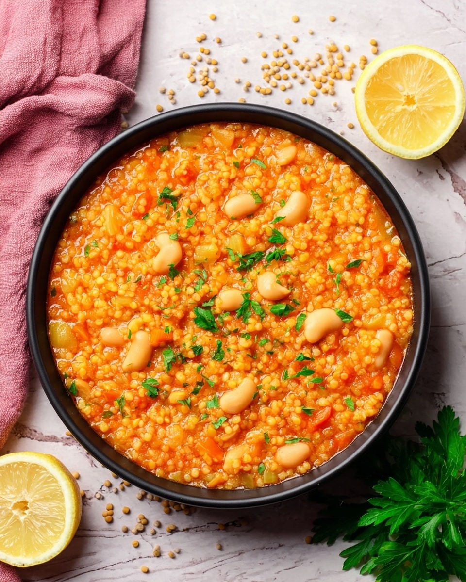 A close-up top view of a round black bowl filled with an orange and light yellow stew made of small round grains and large soft beans, scattered with bits of green herbs on top, placed on a white marbled surface with loose small round grains around it; next to the bowl are two halves of bright yellow lemon and some green parsley, with a pink towel partially visible in the upper left corner, photo taken with an iphone --ar 4:5 --v 7