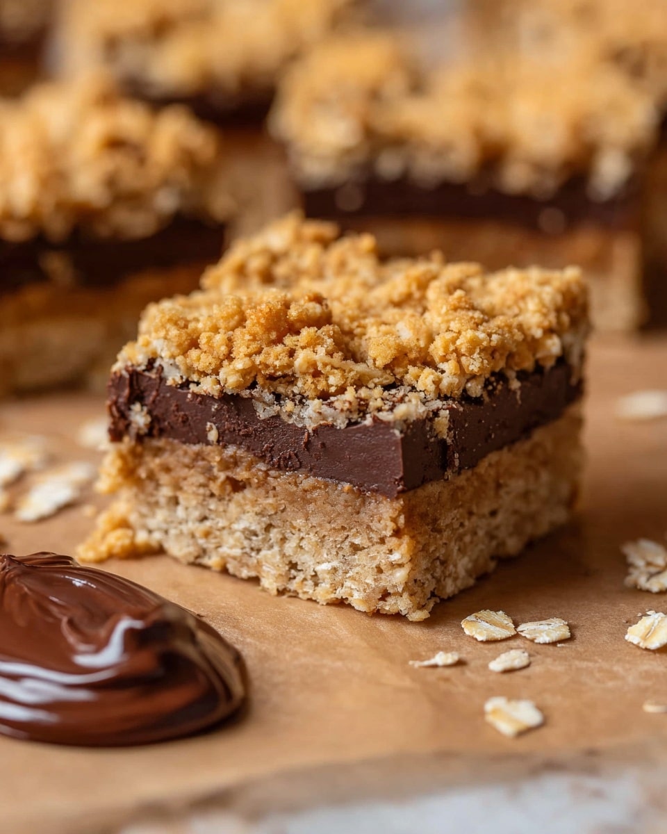 The image shows a close-up of a square oat bar with three clear layers from bottom to top: a firm, light brown base made of compacted oats, a smooth, dark chocolate layer in the middle, and a chunky oat crumble on top with a golden color and rough texture. The bar sits on a sheet of brown baking paper on a white marbled surface. Small oat crumbs are scattered around the bar. In the foreground, a dollop of glossy dark chocolate spread is visible on the paper, adding contrast. More oat bars are slightly blurred in the background, giving a sense of depth. photo taken with an iphone --ar 4:5 --v 7