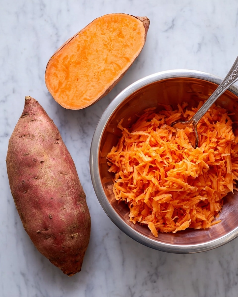 The image shows two parts: on the left, there are two sweet potatoes placed on a white marbled surface, one whole with a rough reddish-brown skin and the other cut open to reveal its bright orange, smooth inside. On the right side, there is a silver metal bowl filled with shredded bright orange sweet potato pieces with a silver spoon resting inside the bowl, all on the same white marbled background. photo taken with an iphone --ar 4:5 --v 7