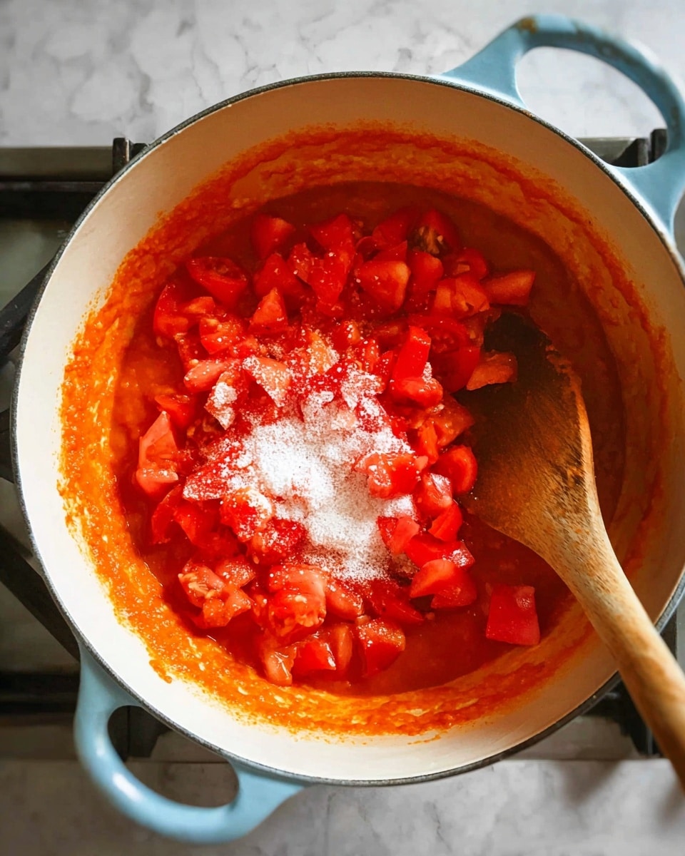 A light blue pot with white inside sits on a stove with a white marbled texture underneath. Inside the pot, there is a thick, bright orange-red sauce covering the bottom and sides. On the sauce, there is a layer of fresh, chopped red tomatoes unevenly spread across the middle. Some white granulated sugar is sprinkled on top of the tomato layer, creating small patches of white contrast. A wooden spoon with a long handle is resting inside the pot, partly covered with sauce, positioned from the top right to the bottom left. The image captures the pot from above, showing the ingredients being stirred. photo taken with an iphone --ar 4:5 --v 7