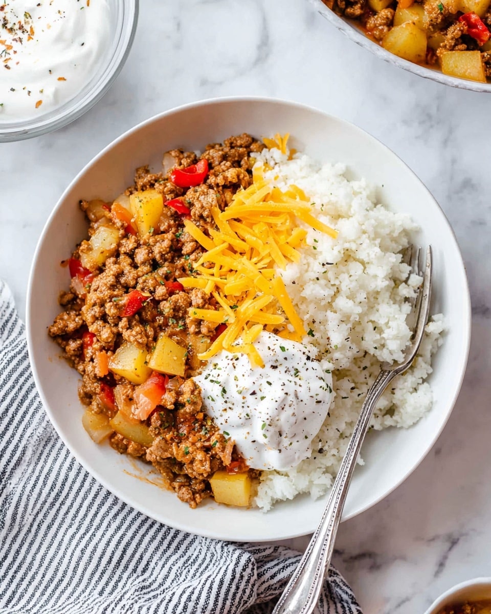 A white bowl holds a base layer of fluffy white cauliflower rice, topped with a mixture of browned ground meat, diced yellow potatoes, and small pieces of red bell pepper. Scattered over the meat mixture are thin strips of yellow shredded cheese. On one side of the bowl, there is a dollop of white sour cream sprinkled with black pepper. A fork rests on the edge of the bowl, partially in the food. The bowl is placed on a white marbled surface, with a striped napkin nearby and part of another white bowl visible in the upper right corner. Photo taken with an iphone --ar 4:5 --v 7
