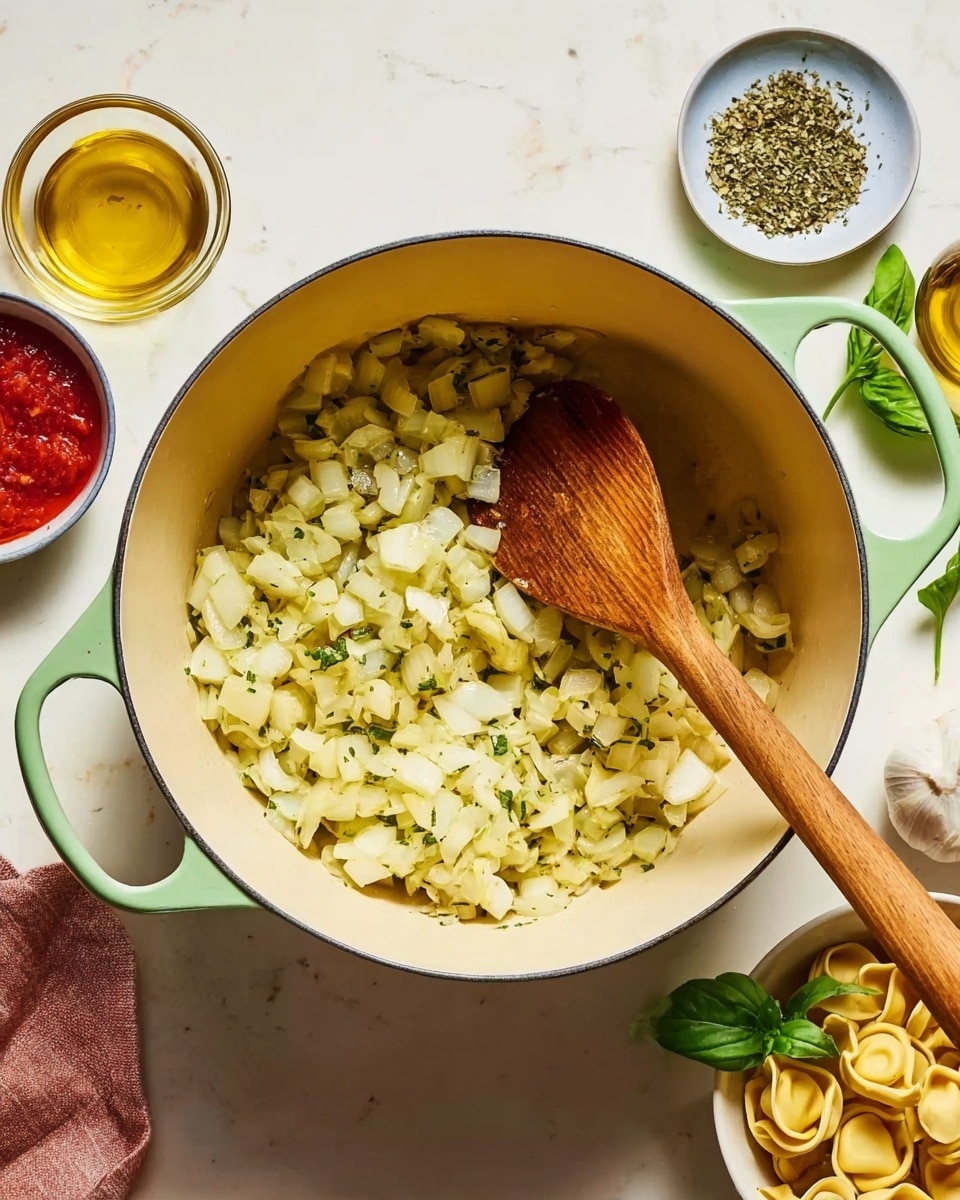 A white pot with light green handles holds a single layer of small diced white onions mixed with green herbs, partially stirred with a wooden spatula showing the natural wood grain. The pot rests on a white marbled surface, surrounded by three small white bowls containing dried herbs, light golden oil, and bright red sauce. A white bowl with uncooked tortellini pasta and a few fresh green basil leaves are placed near the pot. The colors are soft and natural, with the focus on the cooked onions inside the pot. photo taken with an iphone --ar 4:5 --v 7