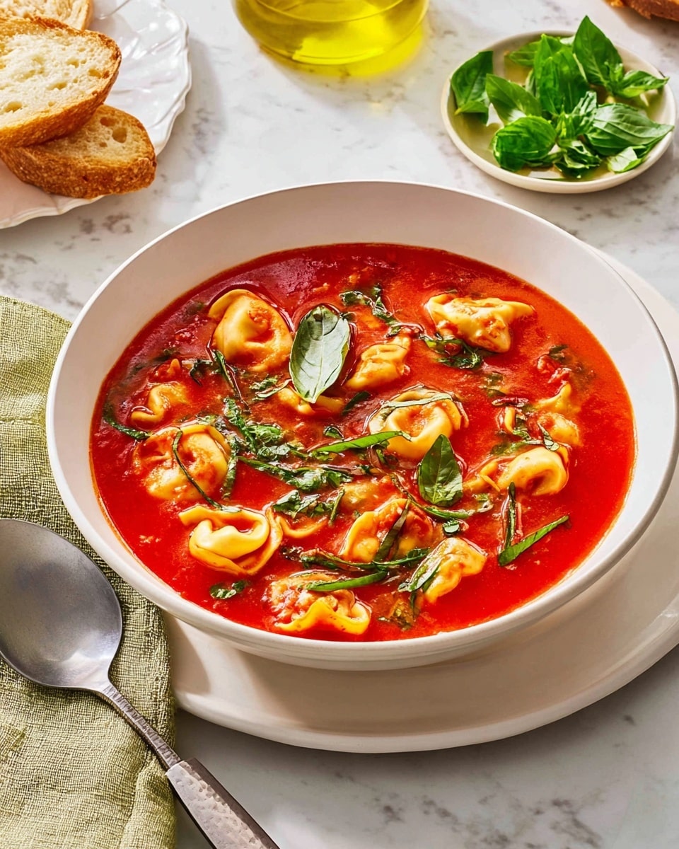 A white bowl filled with bright red tomato soup, with soft yellow tortellini pieces floating throughout the soup. Thin strips of fresh green basil are scattered on top, adding color contrast. The bowl is placed on a white marbled surface, with a piece of light golden bread resting on a white plate nearby. A spoon with a shiny silver handle is placed beside the bowl, and in the background is a small white dish holding more fresh green basil leaves along with a glass bottle of golden olive oil. photo taken with an iphone --ar 4:5 --v 7