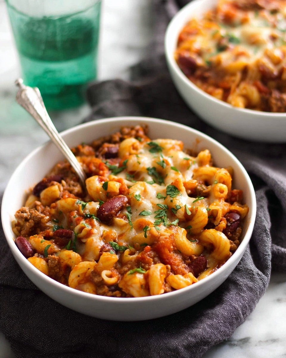 The image shows a white bowl filled with three layers of food: at the bottom, small pasta pieces in a light orange tomato sauce mixed with cooked ground meat and kidney beans; the middle layer has melted cheese partly covering the pasta and meat; the top layer is a light sprinkle of chopped green herbs. Inside the bowl, there is a silver spoon standing upright on the left side. In the background, there is another white bowl with a similar dish, and on the left side of the front bowl, a clear green glass of water is visible. The bowls are placed on a dark gray cloth, and the surface beneath is white marbled texture. Photo taken with an iphone --ar 4:5 --v 7