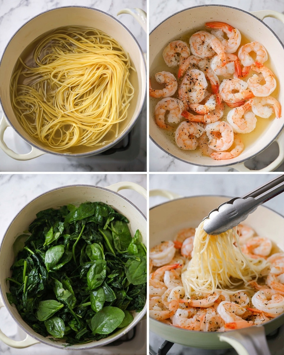 The image shows a cooking process in four parts arranged in a square grid on a white marbled surface. The top left shows long yellow noodles boiling in clear water inside a white pot. The top right shows cooked pink shrimp with some seasoning in a white pan filled with golden oil. The bottom left shows fresh green spinach placed on top of the cooked shrimp in the same white pan. The bottom right shows the same shrimp and spinach in the pan with long cooked noodles being lifted by silver tongs, with some seasoning visible on the mixture. The photo taken with an iphone --ar 4:5 --v 7