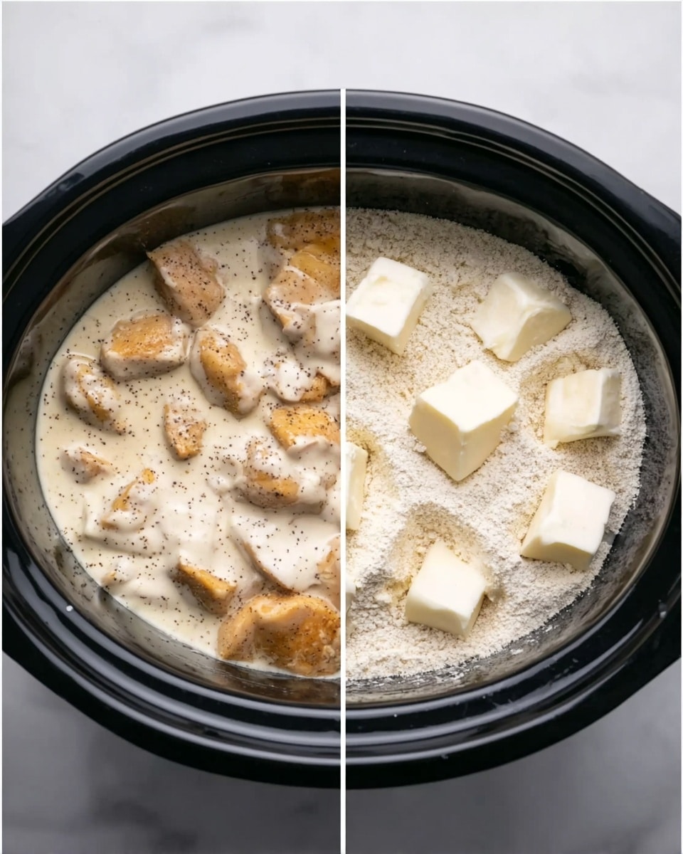 The image shows two close-up views inside a black slow cooker. On the left side, the slow cooker is filled with chunks of light brown chicken at the bottom, covered completely by a thick, creamy white sauce with black pepper specks. On the right side, the slow cooker contains the same chunks of chicken with a layer of fine white powder sprinkled on top, along with several small cubes of white butter spread evenly over the powder. The slow cooker sits on a white marbled surface. photo taken with an iphone --ar 4:5 --v 7