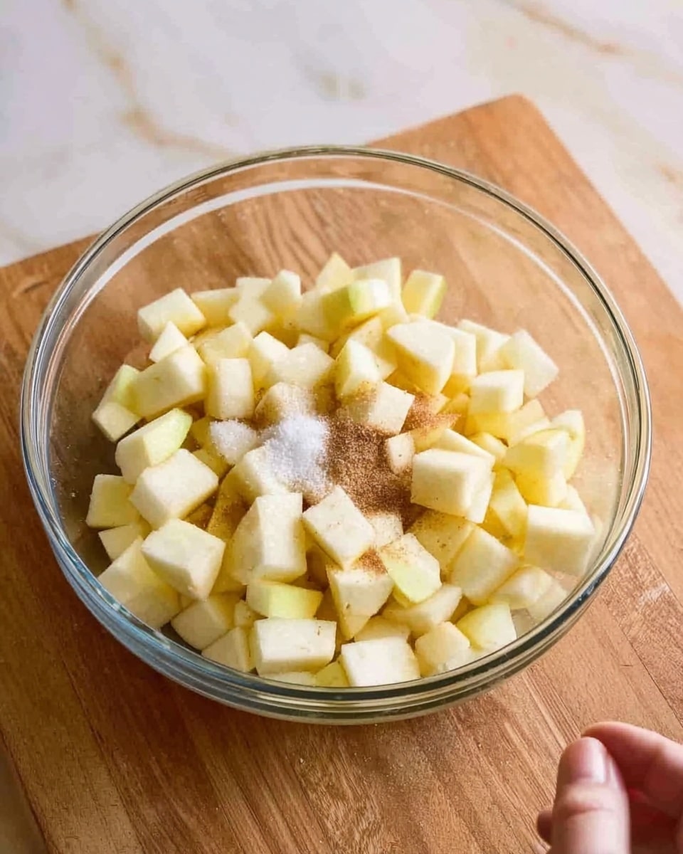 The image shows a clear glass bowl filled with many small, cubed pieces of peeled apples. On top of the apple cubes, there are small piles of brown sugar and white salt, adding texture and color contrast. The bowl is placed on a wooden surface which is changed to a white marbled texture. A woman's hand is seen reaching toward the bowl, slightly touching it. The overall look is fresh and simple with soft natural colors. photo taken with an iphone --ar 4:5 --v 7