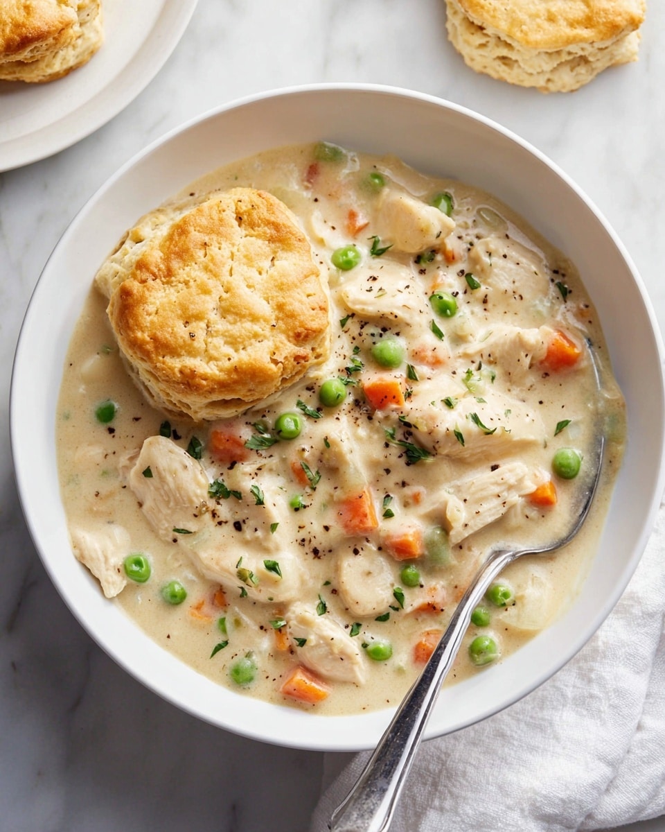 A white bowl filled with creamy chicken and vegetable stew, showing chunks of white chicken, bright orange diced carrots, and green peas mixed in a thick pale beige sauce with visible black pepper specks and small herbs. On top, a golden-brown biscuit with a flaky texture sits slightly to the right side of the bowl. A silver fork rests on the right rim of the bowl, with a white marbled surface underneath and a white cloth napkin partially visible on the upper right. Another biscuit is partly shown on a white plate in the upper left corner. Photo taken with an iphone --ar 4:5 --v 7