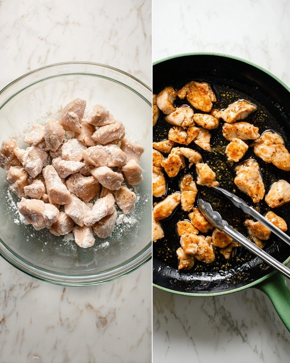 The image shows two side-by-side scenes on a white marbled surface. On the left, there is a clear glass bowl filled with small, uneven pieces of raw chicken coated lightly with white flour, giving them a soft, powdery look. On the right, a green skillet holds golden-brown chicken pieces being cooked, with some pieces showing a slightly crispy texture and scattered oil droplets shining on the black pan surface. A pair of metal tongs with black tips rests inside the skillet, positioned diagonally among the chicken pieces. photo taken with an iphone --ar 4:5 --v 7