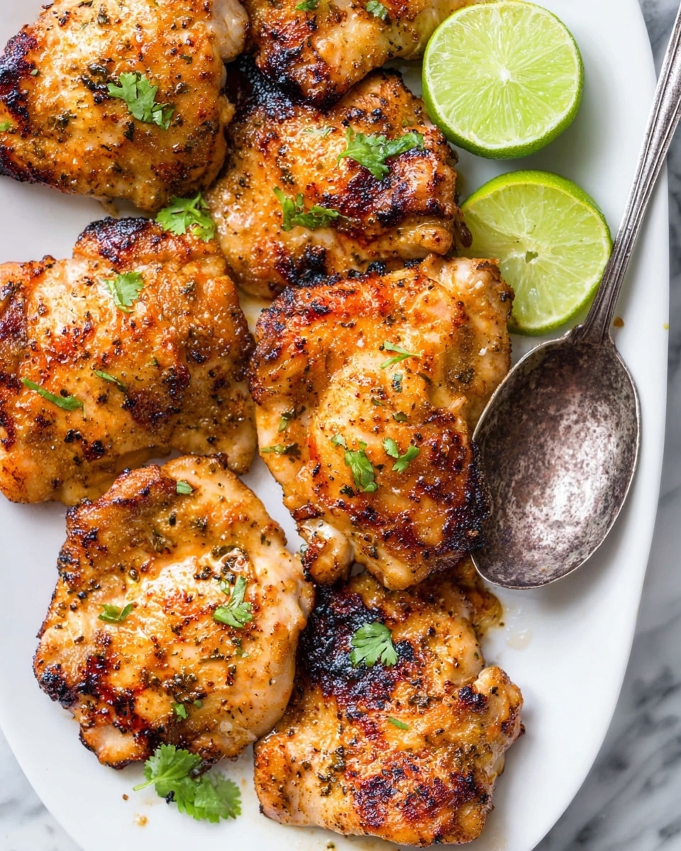 The image shows several pieces of golden brown grilled chicken thighs arranged closely on a white plate. Each piece has a slightly crispy texture with visible grill marks and a mix of light and darker brown areas from searing. Small green cilantro leaves are sprinkled on top as a garnish. Two slices of bright green lime are placed near the top right of the plate beside a metal spoon with a worn finish. The background features a white marbled surface. photo taken with an iphone --ar 4:5 --v 7