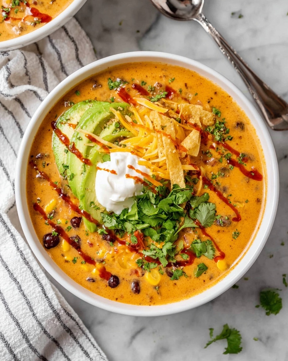 A white bowl filled with creamy, orange-colored soup that has visible black beans, corn, and bits of tomato mixed in; on top, there is a layer of shredded yellow cheese, fresh green cilantro, a dollop of white sour cream, and slices of light green avocado. Thin crispy tortilla strips are placed on one side, and the whole dish is drizzled with reddish-brown sauce lines. The bowl sits on a white marbled surface with a silver spoon and a white and gray striped cloth nearby. Photo taken with an iphone --ar 4:5 --v 7