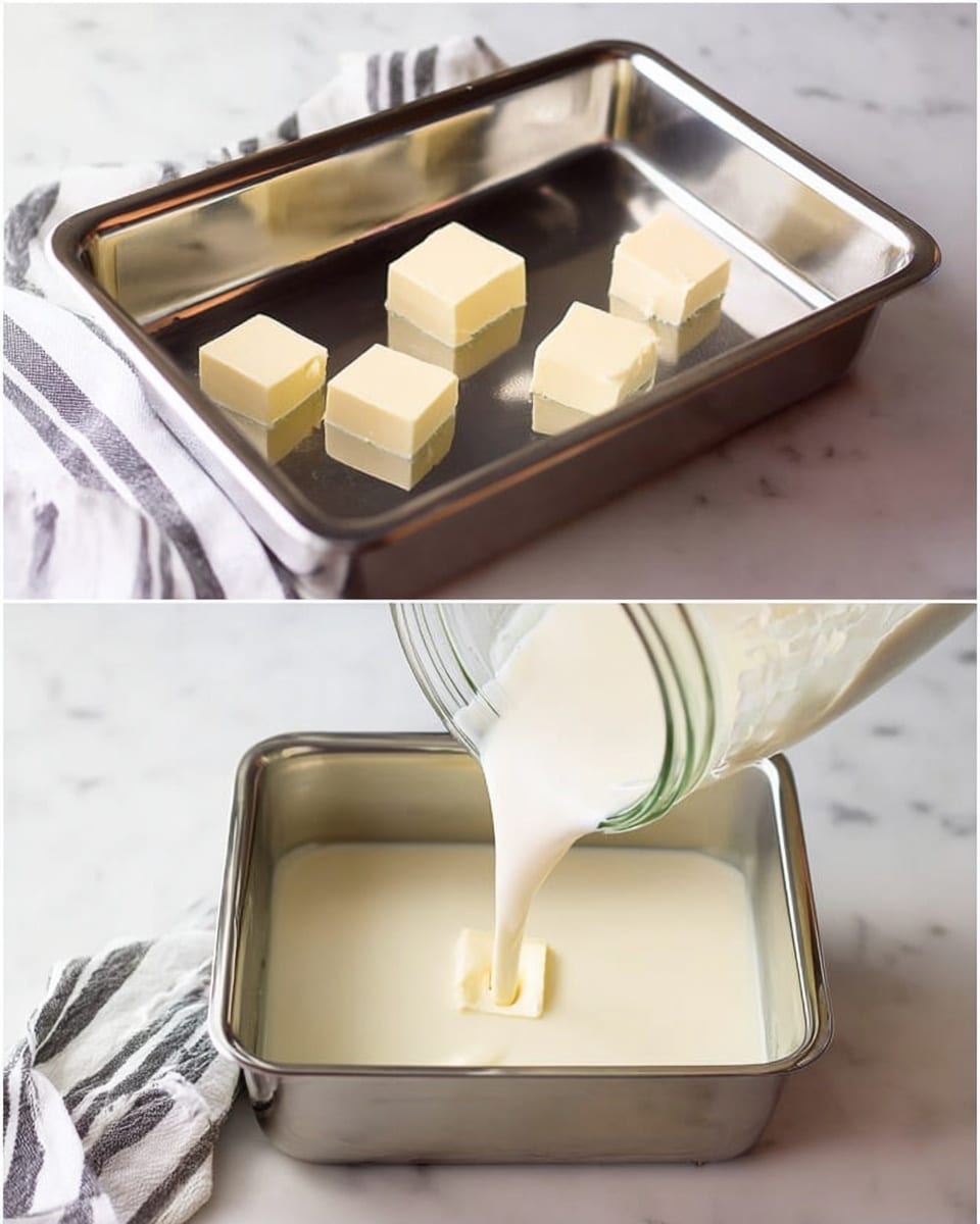 The first image shows a shiny metal rectangular pan on a white marbled surface, with five small square pieces of butter spread across the bottom inside the pan. The second image shows a thick pale cream liquid being poured from a clear jar into the same pan, covering the butter pieces evenly and filling the pan about halfway up. A striped cloth is partially visible beside the pan. Photo taken with an iphone --ar 4:5 --v 7