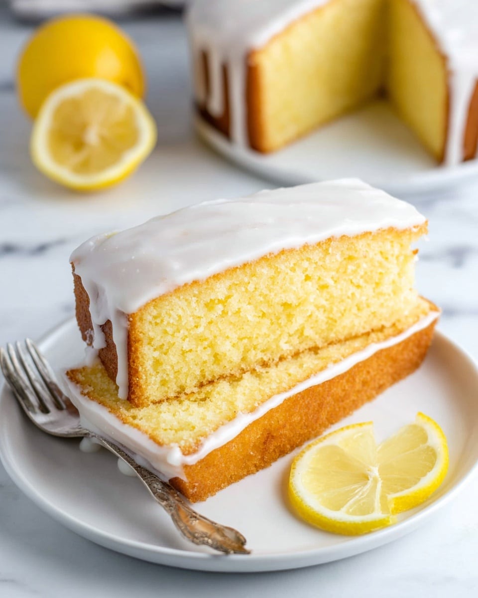 Two slices of lemon cake are stacked on a white plate, each slice showing a soft yellow crumb and a thick layer of smooth white icing on top and sides. The bottom slice lies flat while the top slice leans slightly to the side, showing the texture of the cake. Behind the plate, two lemon wedges rest next to a silver fork with the prongs facing up. The whole scene sits on a white marbled surface with a blurred background showing part of the remaining cake and a half lemon. Photo taken with an iphone --ar 4:5 --v 7