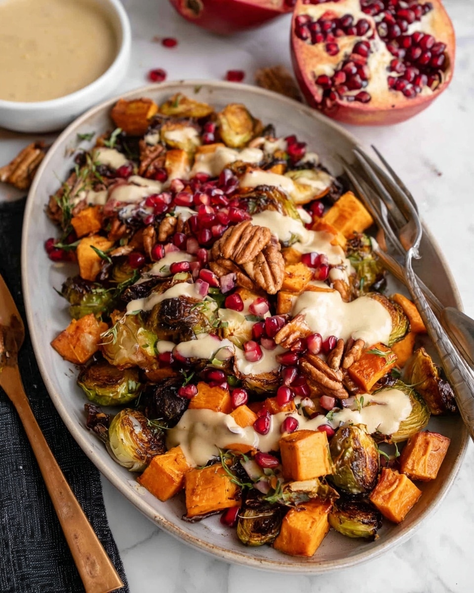 A white oval plate filled with three layers of roasted vegetables and toppings. The bottom layer includes brown and golden roasted Brussels sprouts and cubes of orange sweet potatoes, showing a crispy texture. On top, scattered bright red pomegranate seeds and several pecan halves add pops of color and shine. A light cream-colored sauce is drizzled unevenly over the dish, creating a smooth contrast with the rough textures below. The plate rests on a white marbled surface. Around it, a white bowl with more cream sauce and half a pomegranate with scattered seeds are visible. A woman's hand holding a fork is reaching from the left side. photo taken with an iphone --ar 4:5 --v 7