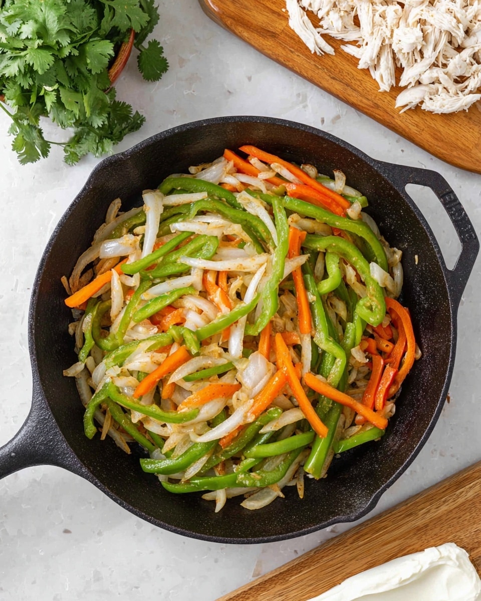 A black cast iron pan holds one layer of cooked sliced vegetables including green bell peppers, orange bell peppers, and white onions, all lightly browned. The pan is placed on a white marbled surface. To the upper right of the pan, there is a wooden cutting board with shredded white chicken. Below that cutting board, on the white marbled surface, is another wooden board with a spread of smooth white cream cheese. To the upper left of the pan, some fresh green cilantro leaves rest on the white marbled surface. Photo taken with an iphone --ar 4:5 --v 7
