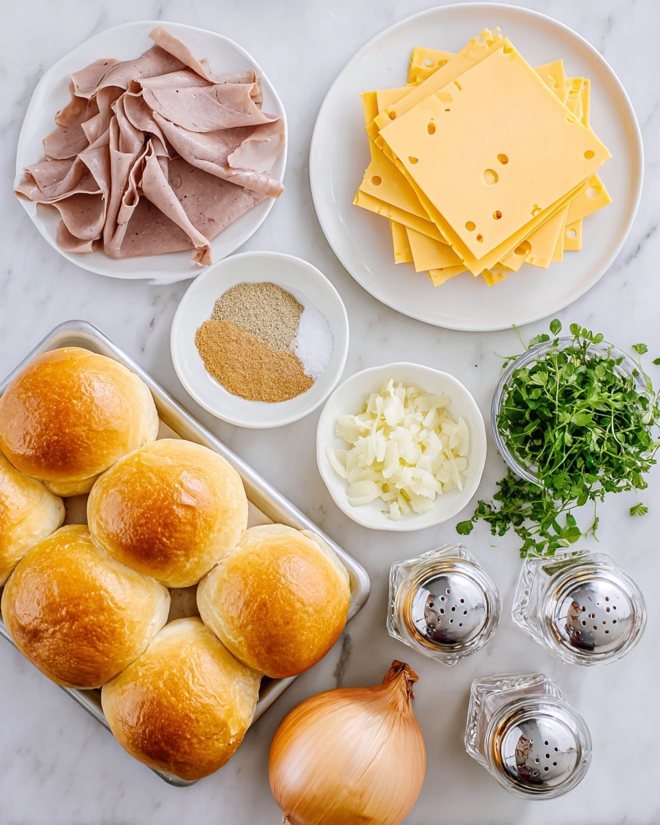 The image shows ingredients arranged on a white marbled surface, including a tray of nine golden-brown dinner rolls with a soft texture on the bottom left; above it, a small white plate with several slices of thin, light brown deli meat folded loosely; to the top right, a stack of pale yellow cheese slices, round with small holes, neatly layered on a white plate; next to it, two small white bowls, one with a light brown powder and the other with a mix of yellow and white dry bits; a bunch of fresh green herbs placed in a small clear container; a whole yellow onion with light brown skin near the bottom right; a stick of pale butter wrapped in paper; and two clear salt and pepper grinders with silver tops positioned near the deli meat. Photo taken with an iphone --ar 4:5 --v 7
