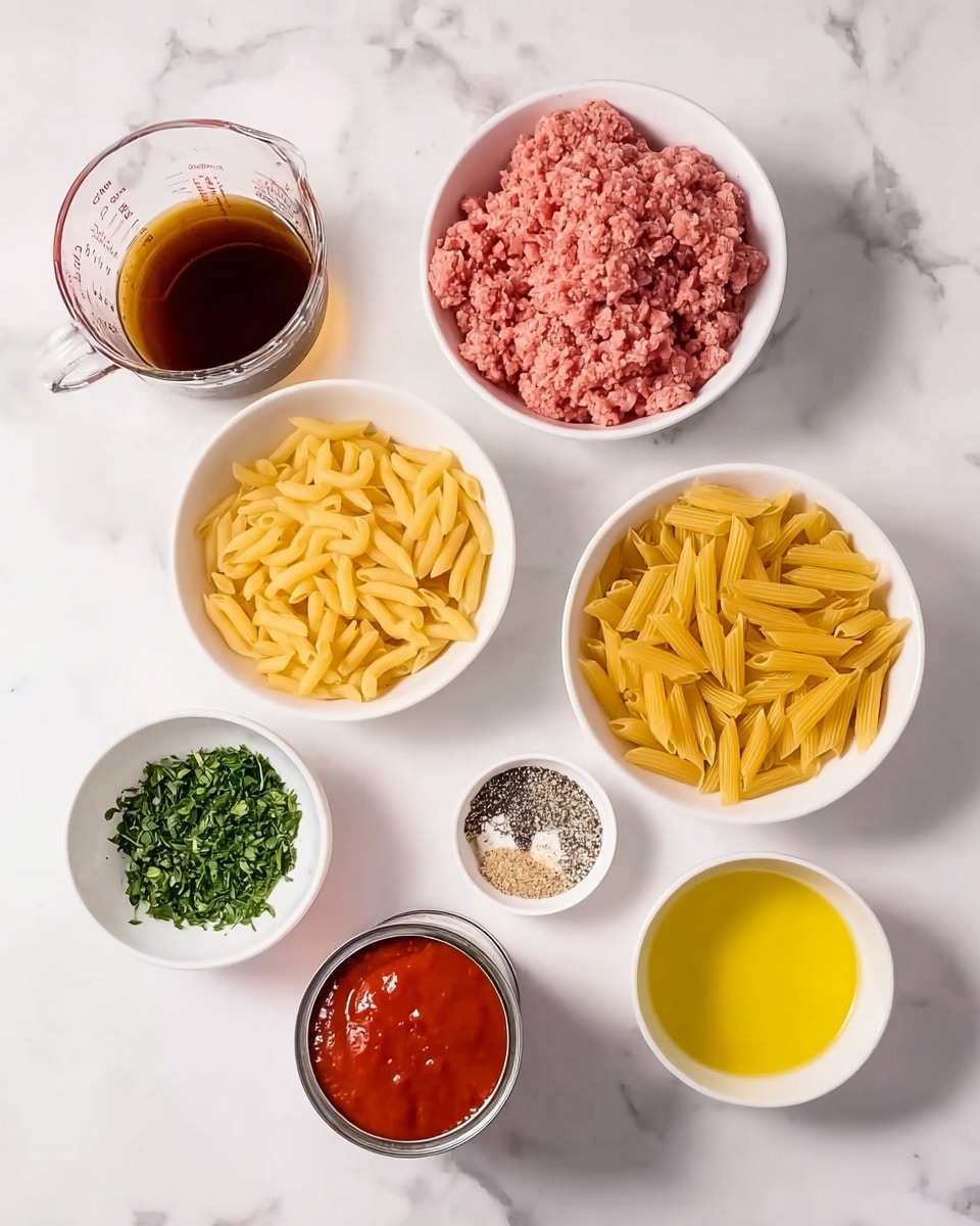 The image shows seven small white bowls and a clear measuring cup arranged on a white marbled surface. Starting from the top left, the clear measuring cup contains a dark brown liquid. To its right, a white bowl is filled with raw pink ground meat. Below that, another white bowl holds yellow penne pasta. In the middle, a small white bowl is filled with chopped green herbs. Next to it on the right, there is a small white bowl with black pepper and salt. Below the small bowls is another white bowl with a golden yellow liquid, likely oil. Lastly, there is a shiny can with a red tomato sauce partially poured next to the bowls. The overall scene is neatly organized and colorful. photo taken with an iphone --ar 4:5 --v 7