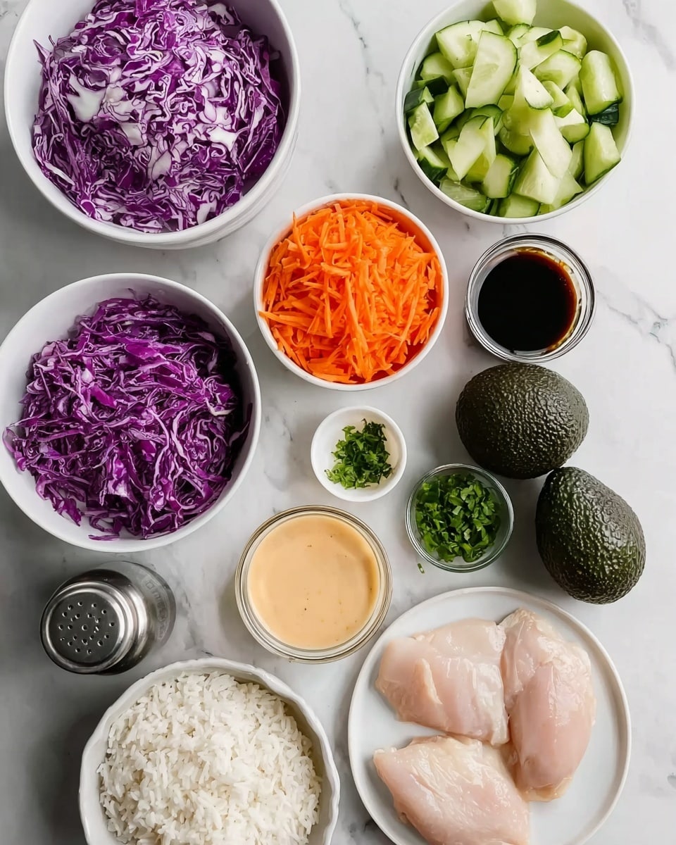 The image shows a white bowl full of shredded purple cabbage on the top left, a smaller white bowl with chopped cucumber to the top right, and a white bowl containing shredded bright orange carrots below the cucumber. Two small glass containers with dark and light sauces are placed in the middle. Fresh chopped green herbs in a small white bowl sit below the cabbage. Two whole dark green avocados are placed side by side near the center. A white bowl filled with creamy light orange sauce is present below the sauces. To the bottom right, a white plate holds two pieces of raw chicken. At the bottom left, there is a white bowl with steamed white rice. The items are all on a white marbled surface with a metal shaker in the bottom left corner. photo taken with an iphone --ar 4:5 --v 7