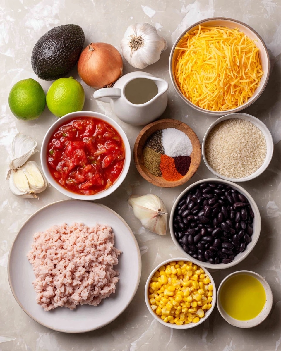A flat lay of cooking ingredients arranged neatly on a white marbled surface, featuring a white plate with light pink ground turkey in the lower left corner, a white bowl filled with bright yellow corn kernels at the bottom, and a white bowl with black beans on the right. Above the black beans is a white bowl of shredded orange cheese. To the left of the cheese is a white bowl containing red diced tomatoes in sauce. Nearby are two whole green limes and two garlic cloves. At the top is a dark brown avocado, a small white pitcher, and a small wooden bowl holding various spices in shades of red, brown, black, and white. A whole brown onion and a white bowl with small white grains are also visible. A small glass bowl of golden oil sits near the center. Photo taken with an iphone --ar 4:5 --v 7