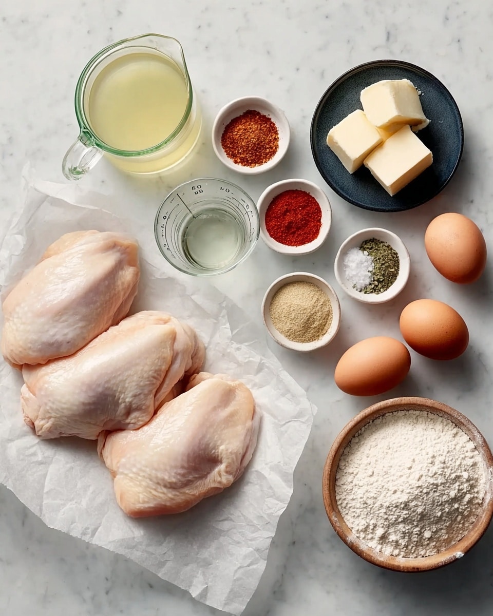 The image shows three raw chicken pieces laid in the middle on white parchment paper. Around them, there are small white bowls with various spices arranged neatly, including reddish, beige, and greenish powders. A clear glass jug filled with a pale yellow liquid, a transparent measuring cup with a clear liquid, and a small black plate with butter cubes and a black bowl with coarse salt and a wooden bowl with black pepper are all placed on a white marbled surface. Three brown eggs and a larger white bowl with white flour are also arranged in an organized manner. Photo taken with an iphone --ar 4:5 --v 7