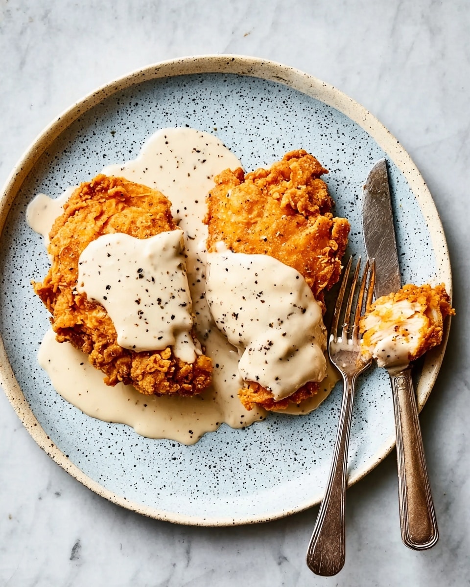 The image shows two pieces of fried chicken on a round white plate with light blue speckles. The crispy chicken pieces have a golden-brown crust and are covered with a thick layer of white creamy sauce sprinkled with coarse black pepper on top. A fork with a piece of chicken and sauce is placed on the right side of the plate, with a knife next to it. The plate is set on a white marbled surface. photo taken with an iphone --ar 4:5 --v 7