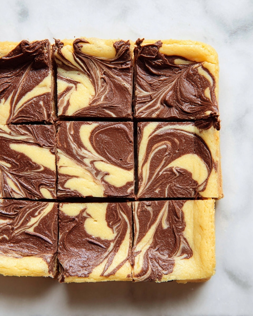 A square dessert is shown on a white marbled surface, cut into nine smaller squares. The base layer is light yellow with a soft, cake-like texture. Swirled on top is a rich, dark brown layer of smooth chocolate, creating beautiful marbled patterns that blend and curl into the yellow base. The chocolate is spread unevenly, with some thick patches and some thin streaks, giving a natural, artistic look. The edges of the dessert are slightly raised and thicker, showing a gentle crust. photo taken with an iphone --ar 4:5 --v 7