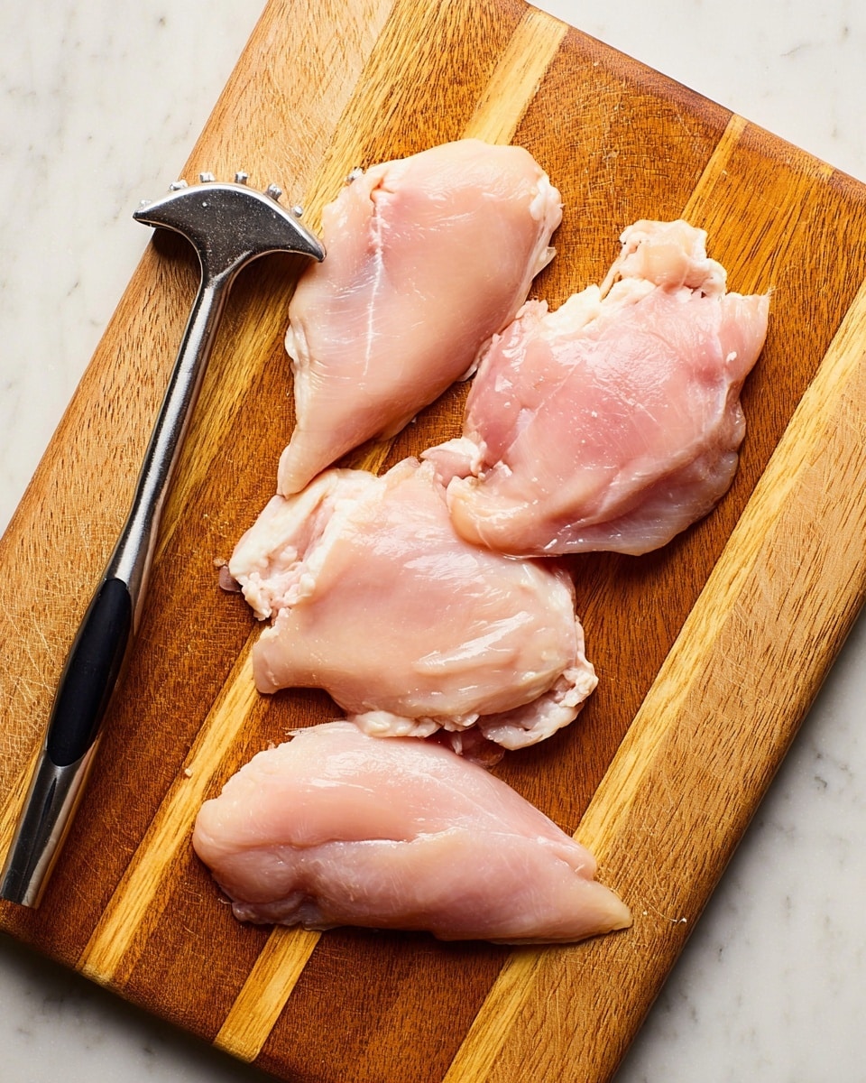 The image shows four pieces of raw pale pink chicken laid flat on a wooden cutting board with a warm brown color and natural grain stripes. On the left side of the board, next to the chicken, there is a metal meat tenderizer with a black handle resting diagonally. The pale pink chicken pieces have smooth and slightly shiny texture with some soft white fat edges. The background is a white marbled surface that adds a clean and bright feel to the image. photo taken with an iphone --ar 4:5 --v 7