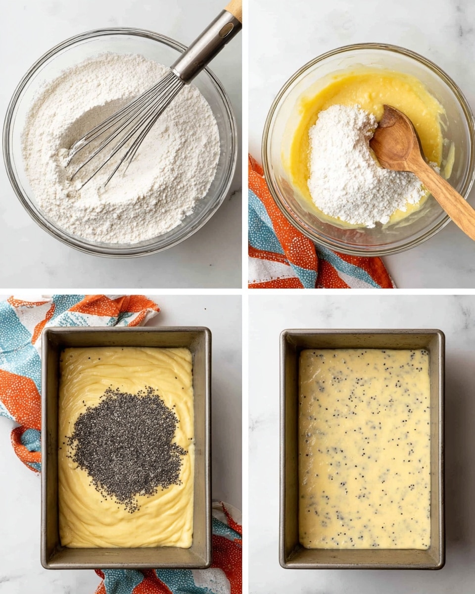 The image shows four smaller photos of baking steps arranged in a 2x2 grid on a white marbled surface. The top left photo has a clear glass bowl filled with white flour and a silver whisk inside. The top right photo shows the same bowl now with a yellow batter base and piles of white flour being mixed with a wooden spoon on the right side. The bottom left photo has the batter turned yellow creamy color with a large amount of black poppy seeds on top being stirred by the wooden spoon from before. The bottom right photo shows a rectangular metal baking pan filled with smooth pale yellow batter speckled with black poppy seeds. A colorful cloth with orange, blue, and white colors is partly visible near the bowls in three photos. Photo taken with an iphone --ar 4:5 --v 7