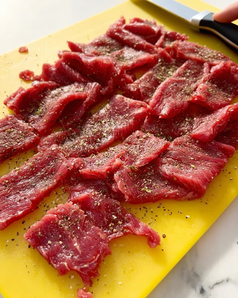 The image shows thin strips of raw red meat spread over a yellow cutting board. The meat has a fresh red color with some seasoning of coarse black pepper sprinkled evenly across the surface. A woman's hand holding a black and silver knife is visible near the right side of the cutting board. The whole scene is set on a white marbled surface. photo taken with an iphone --ar 4:5 --v 7