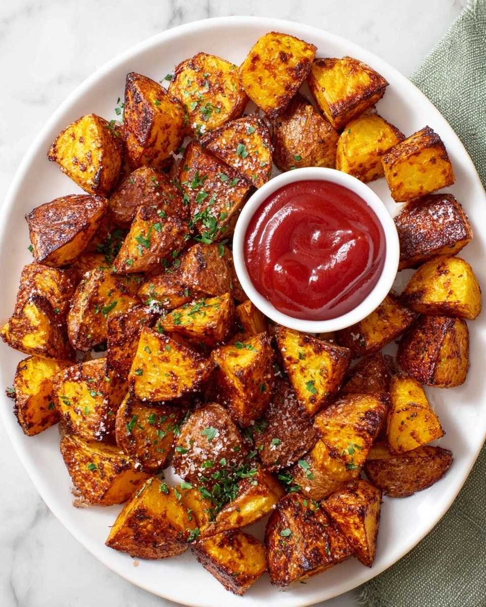 A white plate sits on a white marbled surface, filled with crispy roasted potato chunks that have a golden to deep orange color with dark charred spots. The potatoes are sprinkled with coarse sea salt and finely chopped green herbs, scattered evenly over the pieces. In the center of the plate, there is a small white bowl filled with smooth, rich red ketchup. The potatoes are arranged around the bowl in a circular pattern, showing their rough, textured surfaces and slight shine from oil. Photo taken with an iphone --ar 4:5 --v 7