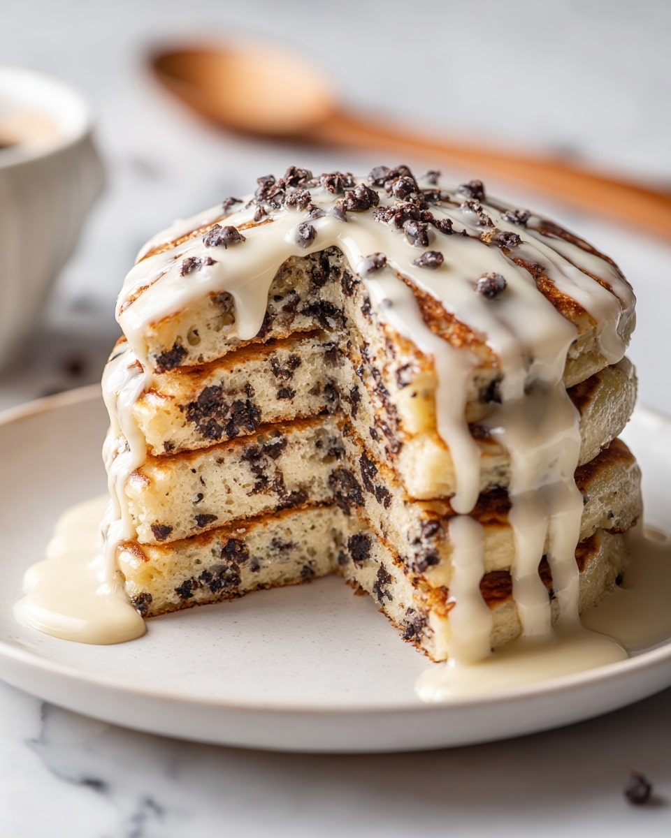 A stack of three thick pancakes sits on a white plate, with the front part sliced to show the inside. Each pancake layer is light golden with dark chocolate chips spread throughout. A creamy white glaze with a smooth, slightly shiny texture is drizzled over the top, forming soft, curving lines that flow down the sides. The plate rests on a white marbled surface, and a blurred wooden spoon is visible in the background. Photo taken with an iphone --ar 4:5 --v 7