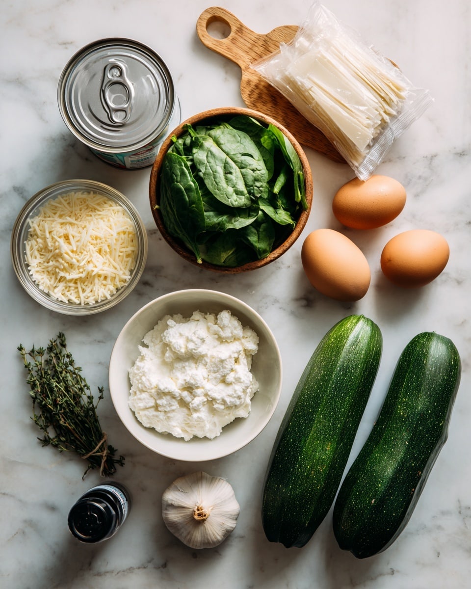 The image shows ingredients neatly arranged on a white marbled surface. There are three green zucchinis placed in a row at the bottom right. Above them, two brown eggs sit side by side. To the right of the eggs, a white garlic bulb rests on the surface. At the center bottom, a white bowl is filled with white creamy cheese. Above that to the left, there is a small glass bowl containing grated cheese. A wooden bowl filled with fresh green spinach leaves sits above the grated cheese bowl. To the right of the wooden bowl is a bundle of fresh green herbs on a small wooden board. On the top left, there is a silver can with a pull-tab lid, next to it is a white packet that looks like sheets of pasta or dough. Below the can and packet, there is a bottle of dark liquid, possibly soy sauce or vinegar. photo taken with an iphone --ar 4:5 --v 7