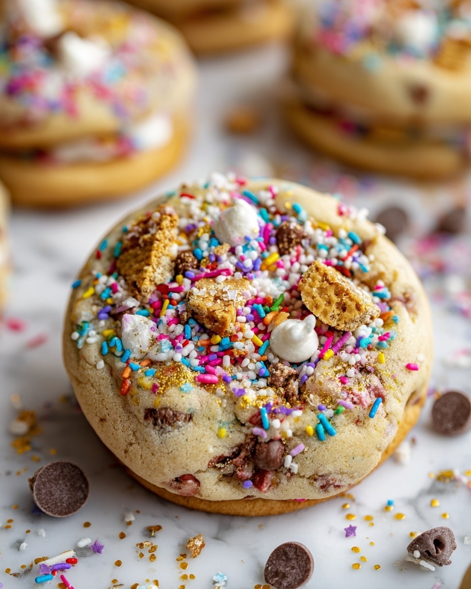 A round cookie sits in the center on a white marbled surface, with a soft beige base and colorful sprinkles mixed throughout. On top, there are small pieces of golden cookie sandwich, white and dark chocolate chips, and more bright rainbow sprinkles scattered, adding texture and color. Around the cookie, there are a few loose sprinkles and chocolate chips, and in the background, more cookies and golden cookie sandwiches are visible, slightly out of focus. photo taken with an iphone --ar 4:5 --v 7