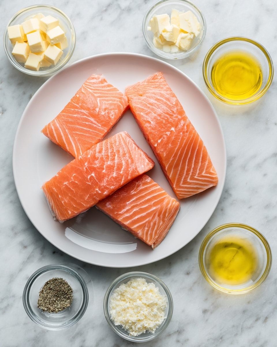 The image shows a white plate with four raw salmon pieces arranged in a slightly overlapping manner. Surrounding the plate on a white marbled surface are six small clear glass bowls, each holding separate ingredients: yellow olive oil, minced garlic, white butter cubes, black pepper and salt mix, and a light yellow liquid. The salmon has a smooth pink-orange texture with visible lines of the fish's natural grain. The setup is neat, with the ingredients spread around the plate in a balanced way. Photo taken with an iphone --ar 4:5 --v 7