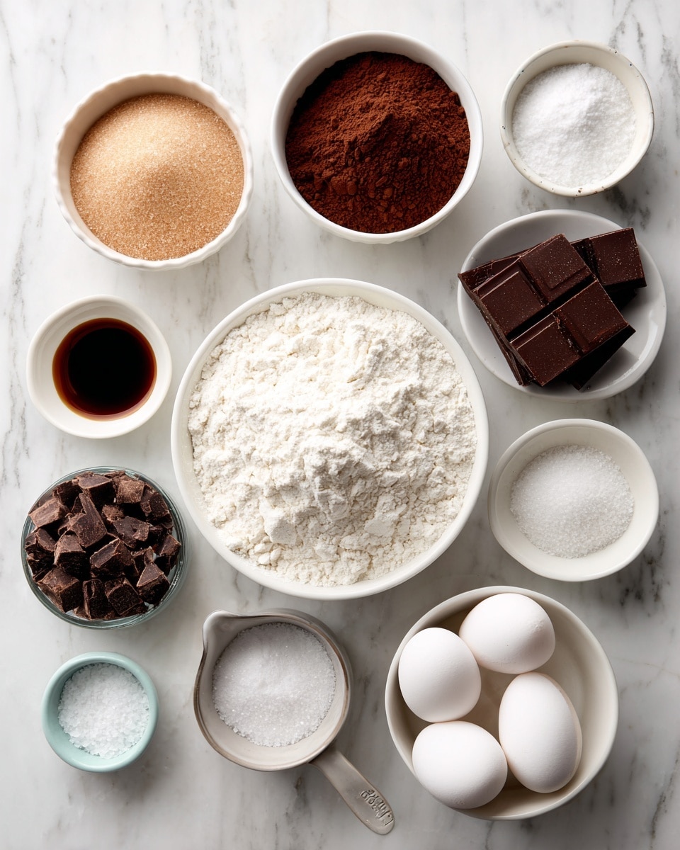The image shows nine small white bowls and one white measuring cup arranged on a white marbled surface. In the center is a bowl filled with white flour. Surrounding it are smaller bowls with different ingredients: light brown sugar, dark chocolate chunks, dark brown powder (likely cocoa), a small bowl of vanilla extract, a bowl containing a white powder (likely baking soda), a bowl with salt, a bowl with granulated white sugar, and a bowl holding three white eggs. The white measuring cup is filled with a white powder, possibly flour or sugar. The colors range from light beige to dark brown, contrasting with the clean white bowls and marble background. photo taken with an iphone --ar 4:5 --v 7