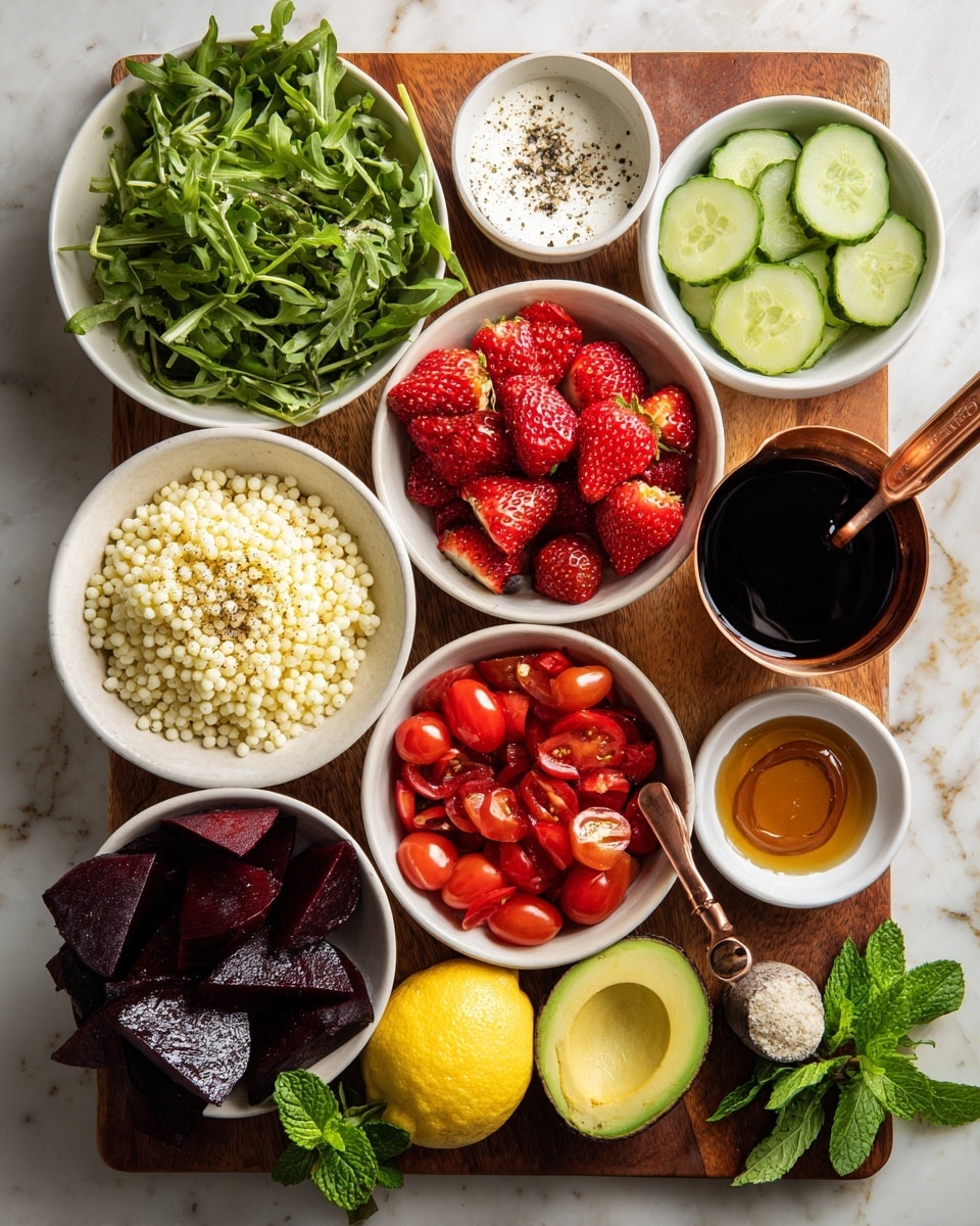 The image shows a wooden board on a white marbled surface holding several white bowls and small containers with different fresh ingredients neatly placed. Starting from the top left, there is a bowl filled with green arugula leaves, next to it a bowl with sliced white cheese seasoned with black pepper. Below the arugula, sliced green cucumber rounds sit in another bowl, while in the middle bowl, there are bright red strawberries sliced into halves and quarters. A copper measuring cup filled with small pale yellow cooked pearl couscous is placed beside a smaller copper spoon holding light brown honey or syrup. Below the strawberries, a white bowl holds halved cherry tomatoes with a rich red color. To the bottom left, there is another bowl filled with dark red sliced beets. In the front is a whole dark purple avocado beside half a lemon cut crosswise showing its juicy yellow interior. Near the lemon, a small white bowl holds a dark liquid, likely balsamic vinegar, and another small bowl contains a light beige powder, possibly garlic powder or salt. Fresh green mint leaves are placed on the board’s right edge. All items create a colorful and fresh panorama. Photo taken with an iphone --ar 4:5 --v 7