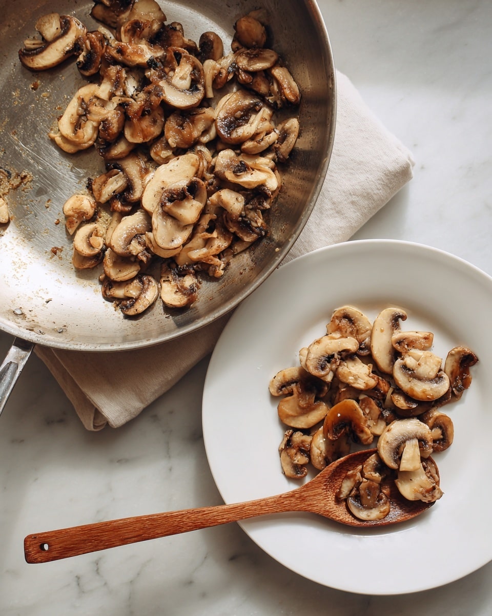 A stainless steel pan contains cooked sliced mushrooms, browned and slightly crisp on the edges, spread evenly across the pan's surface. Next to the pan is a white plate holding a small pile of these mushrooms, and a wooden spoon,  scoops mushrooms from the pan onto the plate. Both images show a white marbled surface under the pan and plate. photo taken with an iphone --ar 4:5 --v 7
