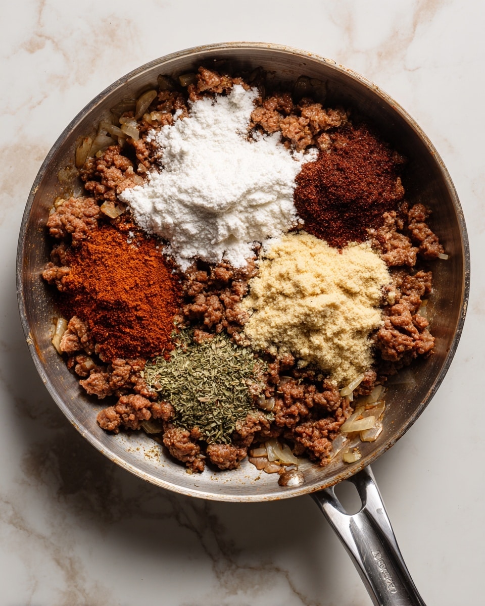 The image shows a metal pan on a white marbled surface filled with cooked ground meat mixed with chopped onions. On top of the meat, there are five piles of spices and flour arranged separately: one white powdery pile (flour) on the left, two reddish-brown spice piles on the upper side, a light yellowish powder near the center, and a greenish small herb pile underneath it. The pan has a metal handle on the right side, and the mixture has a rough and chunky texture with visible pieces of meat and onion. photo taken with an iphone --ar 4:5 --v 7