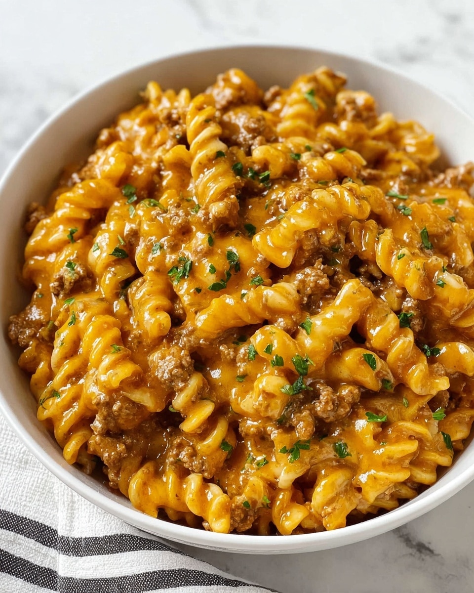 A close-up view of a white bowl filled with creamy pasta made of spiral-shaped noodles mixed with ground meat and covered in a thick, orange-tinted cheese sauce, sprinkled with small green herb pieces for color contrast. The pasta looks soft and slightly glossy, with the cheese sauce evenly coating each noodle. The bowl sits on a white marbled surface with a cloth featuring black and white stripes partially visible near the bottom edge, photo taken with an iphone --ar 4:5 --v 7