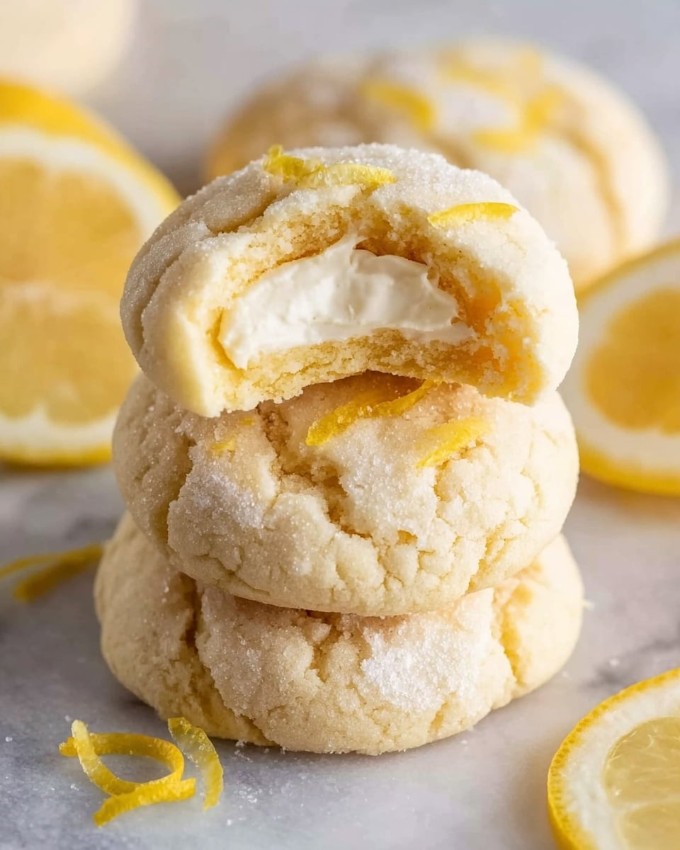 The image shows a stack of soft, round lemon cookies on a white marbled surface. The top cookie has a bite taken out, revealing a smooth, white creamy center surrounded by a pale yellow dough that looks slightly cracked and sugar-coated on the edges. Thin yellow lemon peel strips are placed on and around the cookies, adding a bright accent. In the background, there are slices of fresh lemon softly out of focus. The cookies have a soft texture with a mix of creamy and crumbly layers. Photo taken with an iphone --ar 4:5 --v 7