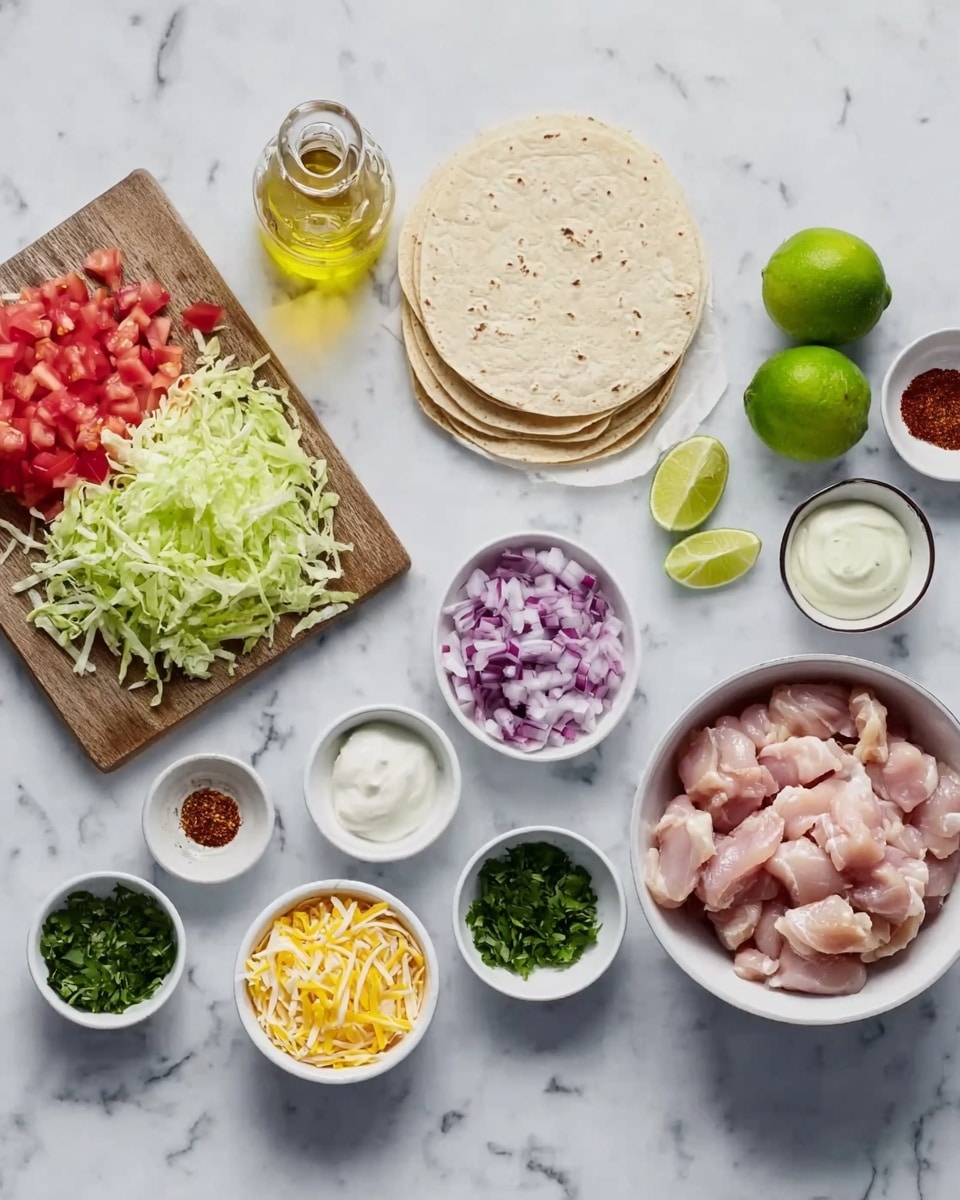 The image shows ingredients for making a meal neatly arranged on a white marbled surface. There is a white bowl on the right filled with pale pink raw chicken pieces. Next to it are two lime halves with a bright green color. In the center, a stack of light beige tortillas is placed on a small wooden board near a small clear glass bottle of golden oil. Towards the left, a wooden board holds shredded pale green lettuce, bright red chopped tomatoes, and finely chopped purple onions, all fresh and vibrant. Small white bowls hold dark green chopped herbs, white sour cream, a creamy white liquid, and red spices, adding a variety of textures and colors. A small bowl in the front contains a mix of yellow and white shredded cheese. The whole setup is clean and bright, showing fresh ingredients ready to use. photo taken with an iphone --ar 4:5 --v 7