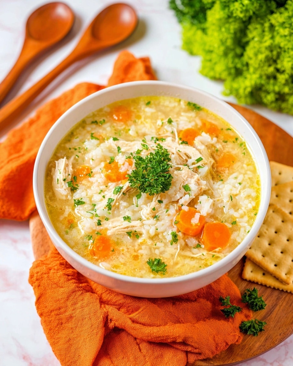 A white bowl filled with a thick chicken and rice soup, showing visible layers of soft white rice, light yellow broth, small round orange carrot slices, and shredded white chicken pieces mixed throughout. The soup is sprinkled with fresh green parsley, adding a touch of color on top. The bowl sits on a wooden board covered with a crumpled orange cloth, and there are plain square saltine crackers placed in front of the bowl. In the background, an arrangement of wooden spoons lies on the orange cloth, with a bunch of curly green lettuce slightly blurred behind them. The scene is set on a white marbled surface. photo taken with an iphone --ar 4:5 --v 7