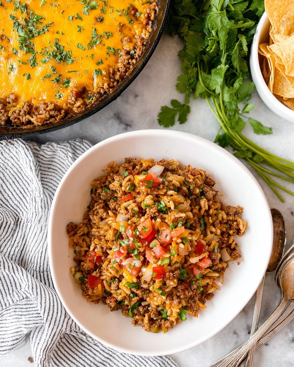 A close-up view of a white bowl filled with a single layer of cooked ground meat mixed with rice, diced tomatoes, onions, and green herbs, showing a mix of brown, red, white, and green colors with a slightly moist texture. In the upper left corner, a black skillet holds a layer of melted orange-yellow cheese on top of a cooked mixture, sprinkled with chopped green herbs. To the right, fresh green cilantro leaves lay on a white marbled surface next to the skillet, and part of a white bowl with light-colored chips is partially visible. A fork and spoon rest to the lower right on the same white marbled surface, alongside a striped cloth napkin tucked under the white bowl. Photo taken with an iphone --ar 4:5 --v 7