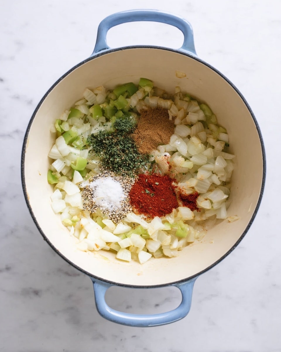 A light blue pot with white inside sits on a white marbled surface. Inside the pot, there is a layer of chopped onions and green peppers spread unevenly along the edges, showing colors of light yellow and green. On top of the vegetables, there are small piles of spices separated into spots: red powder in one spot, dark green powder in another, light brown powder near the bottom, and white salt and black pepper in the center. The spices add a contrast of red, green, brown, white, and black on top of the onions and peppers. photo taken with an iphone --ar 4:5 --v 7