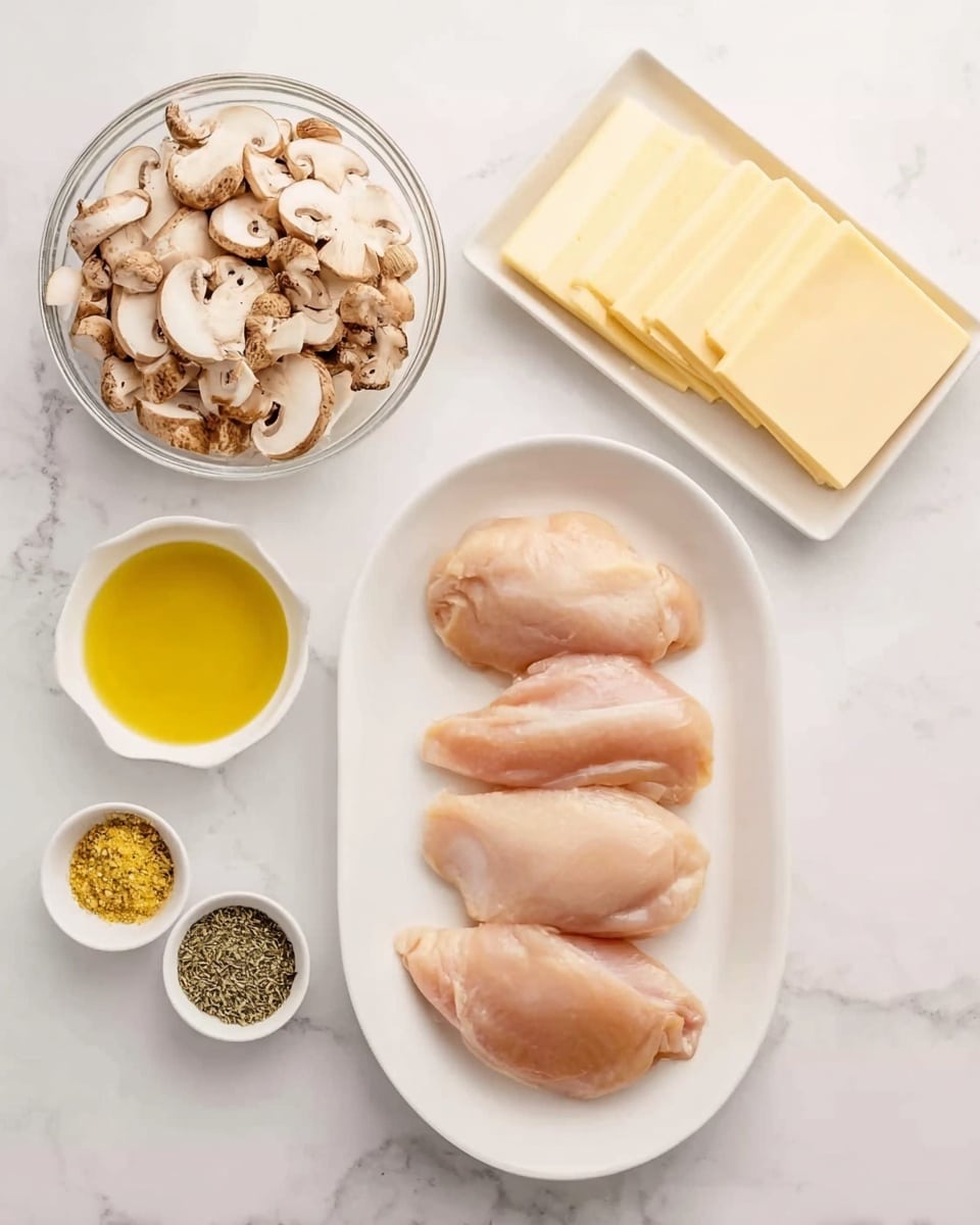 A white oval plate in the center holds four raw chicken pieces arranged in a neat stack, pale pink in color and smooth in texture. To the left, a clear glass bowl is filled with light brown sliced mushrooms that have a soft texture and curved shapes. Below the mushrooms, there are three small white cups with spices: one holds a yellow mushy ingredient, another has a pile of green dried herbs, and the third contains black pepper with a coarse texture. To the right of the chicken, a small white square dish holds yellow cooking oil, and next to it is a white rectangular dish with six square slices of pale yellow cheese neatly stacked. All items are placed on a white marbled surface that adds a clean, bright background to the arrangement. Photo taken with an iphone --ar 4:5 --v 7