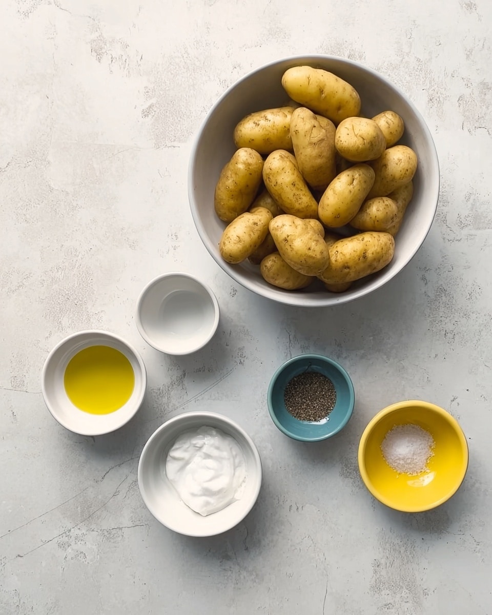 The image shows a white marbled surface with a single large white bowl full of small, yellowish finger-shaped potatoes with rough skin sitting near the top right. Surrounding it are four small white bowls spaced out evenly below and to the left; the first bowl on the far left has a small amount of golden olive oil, the next bowl to the right holds white cream, the third bowl below the bowl of potatoes contains coarse white salt, and the fourth bowl on the far right contains black pepper in a yellow bowl. The shot is taken from above with soft light and natural colors. Photo taken with an iphone --ar 4:5 --v 7